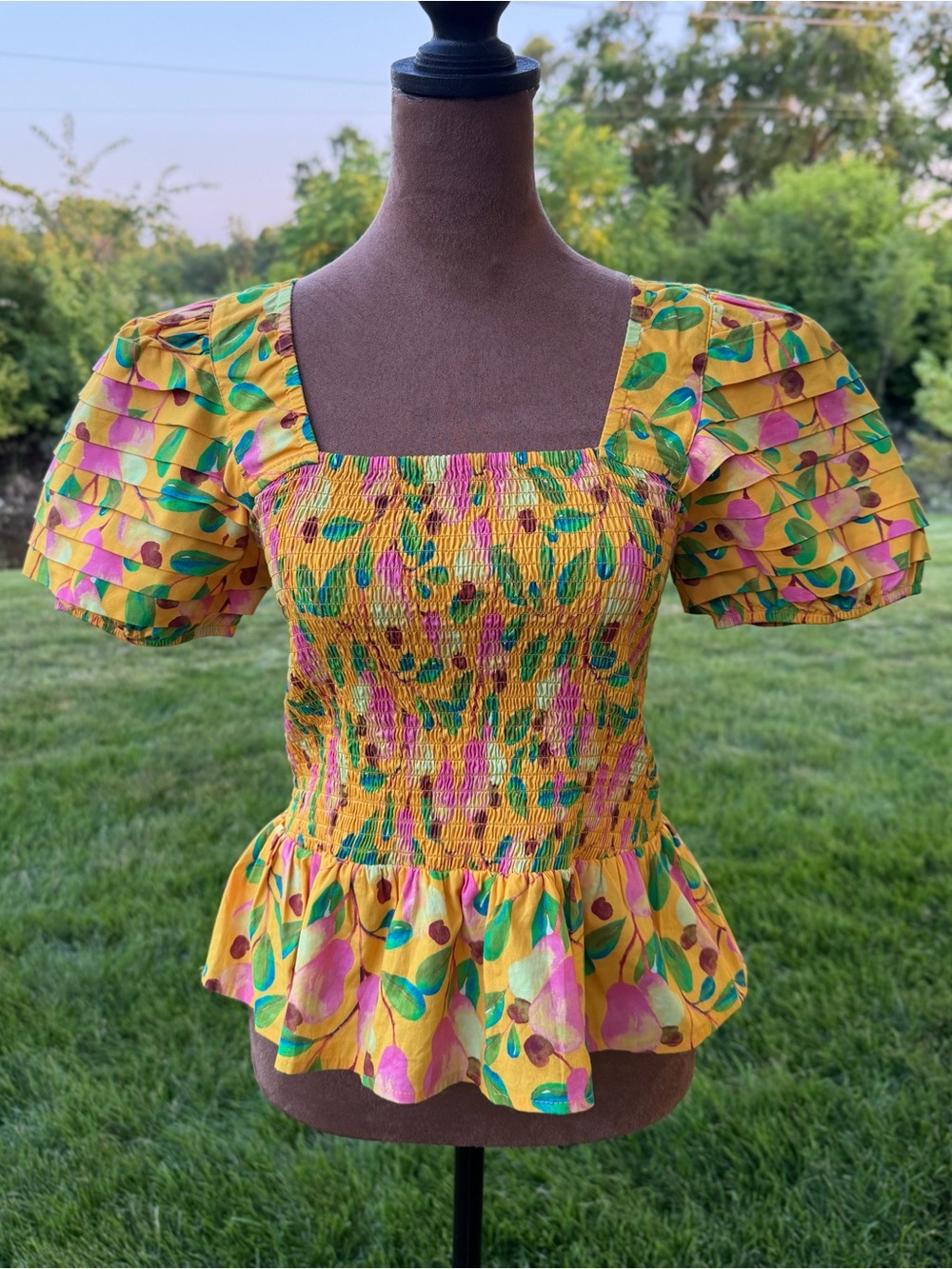 Farm Rio Mini Cashew Yellow Smocked Peplum Top with Puff Sleeves size S